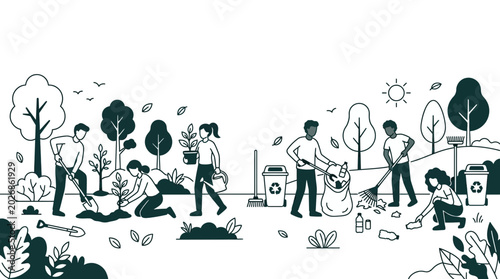 Fotografie Group of volunteers planting trees and cleaning up park waste illustration