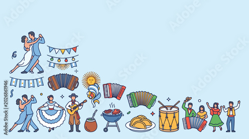 Hand Drawn Argentine Gaucho Festival Elements and Dancers.
