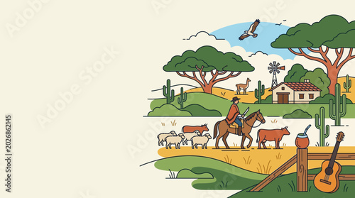 Canvas Print Gaucho riding horse herding livestock in the Argentine pampas.