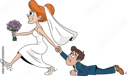 Slika na platnu Funny wedding cartoon illustration, bride dragging reluctant groom holding bouqu