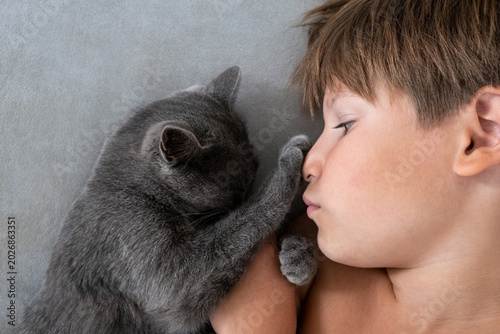 Fotografie Tender Moment Between a Child and a Gray Cat, Close-Up of Affection A delightful image of a smiling boy and a gray cat gazing into each other’s eyes, capturing a playful and heartwarming moment
