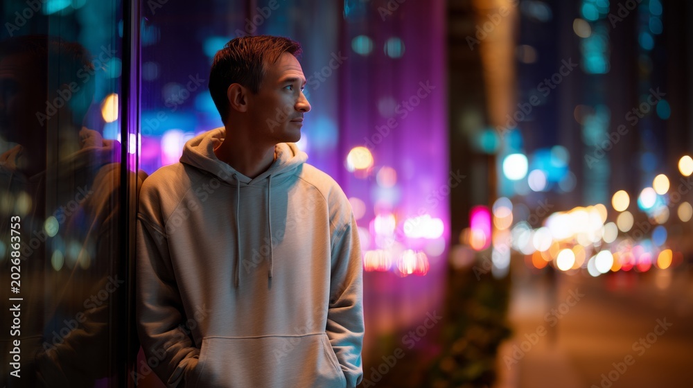 Fototapeta premium A man in a light hoodie stands pensively against a glass wall, surrounded by vibrant city lights. The evening sky glows with a mix of colors as he contemplates his surroundings