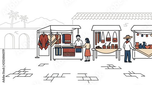 Fotografía Illustration of artisans selling traditional handmade textiles and pottery in a local market square