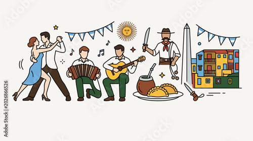 Tableau sur toile Hand drawn illustration representing Argentine culture with tango dancers musicians and food