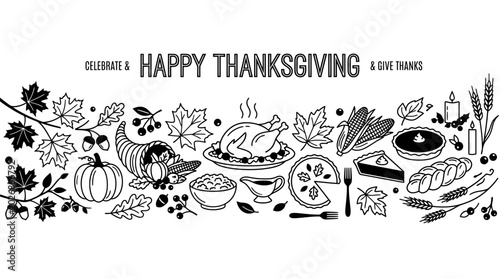 Bild auf Leinwand Happy Thanksgiving celebration greeting banner with festive food and autumn elements