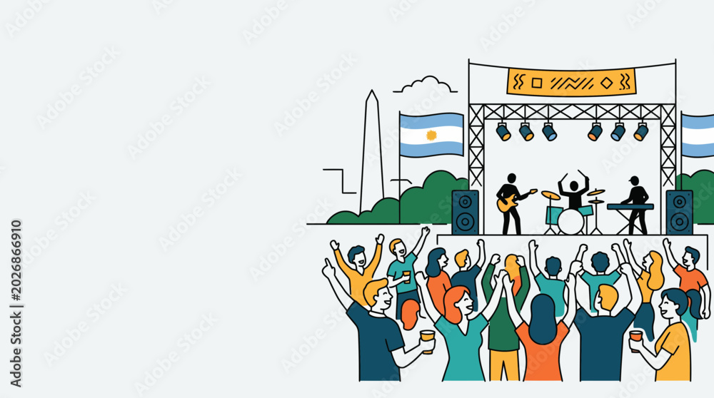 Obraz premium Illustration of a live music concert with a band performing on stage before a cheering crowd.