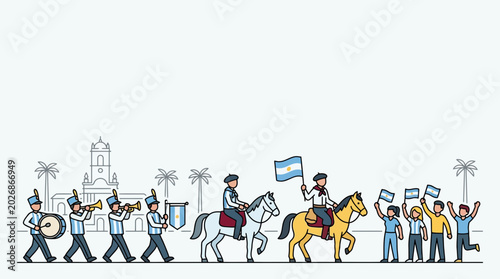 Obraz na płótnie Illustration of a patriotic parade with musicians and horsemen.