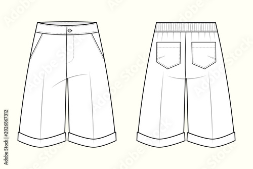 Bild auf Leinwand Casual Wide-Leg Cuffed Bermuda Shorts Technical Flat Sketch Template