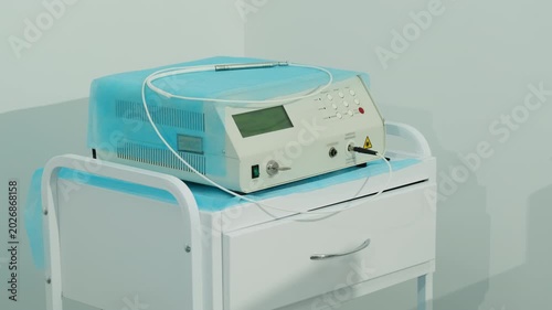 Modern coagulation analyzer used to measure blood clotting speed and platelet levels in hospital. Medical equipment for patient treatment in clinic