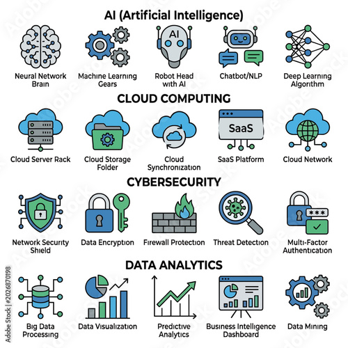 Technology icons set for business and computing concepts