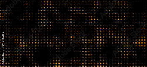 Gold halftone on black background. Vector golden glitter with dotted sparkles or halftone shine pattern texture Pop Art