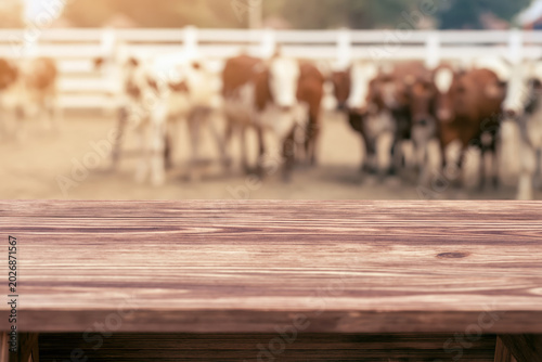 Wooden Table in Focus with Blurred Cows in Background on Sunny Day.