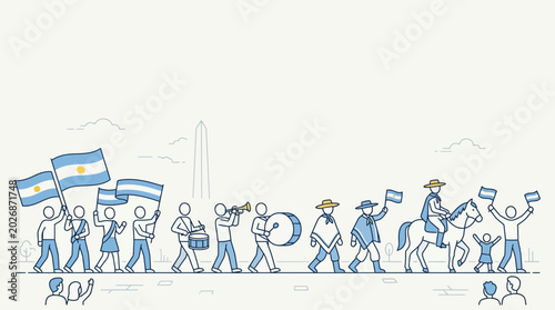 Obraz na plátně People marching with Argentine flags in a festive parade illustration