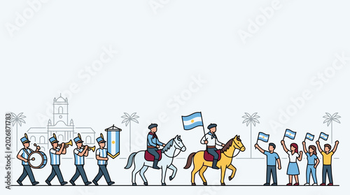 Fotografi People participating in a patriotic parade with marching band and horses