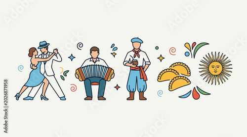 Fotografie Set of Argentine cultural symbols featuring tango dancers musician gaucho and empanadas