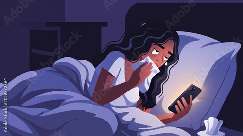 Woman Crying In Bed While Looking At Smartphone Screen During Night Hours