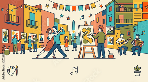 Photos People dancing tango and painting in a vibrant street art festival scene