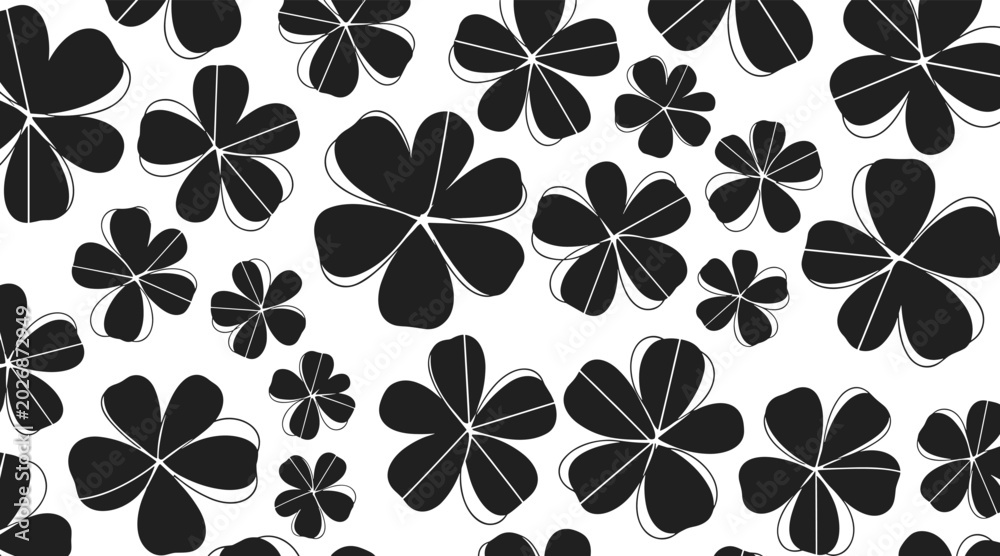 Obraz premium Black floral clover pattern scattered on white background, no seamless