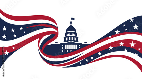 US Capitol silhouette with flowing patriotic stars and stripes.