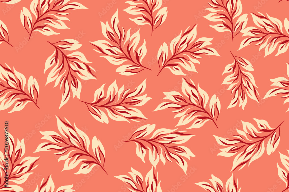 Fototapeta premium Seamless tropical leaf pattern with flowing cream and red foliage on a coral background, creating a warm, elegant design perfect for fabric and decor.