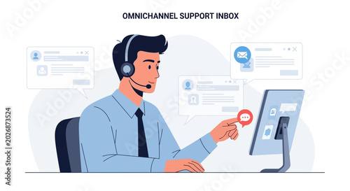 Customer service agent with headset, managing omnichannel support messages on computer.