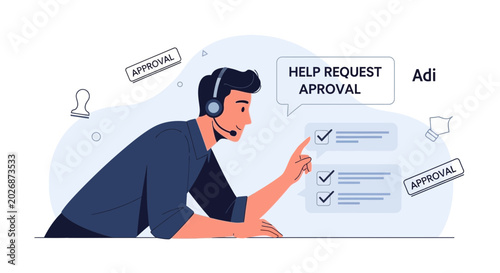 Customer Service Agent with Headset, Approval Stamp, and Checklist