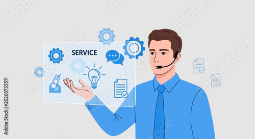 Customer Service Agent with Holographic Display of Support Icons