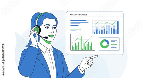 Customer service agent with KPI dashboard and charts, digital analytics concept