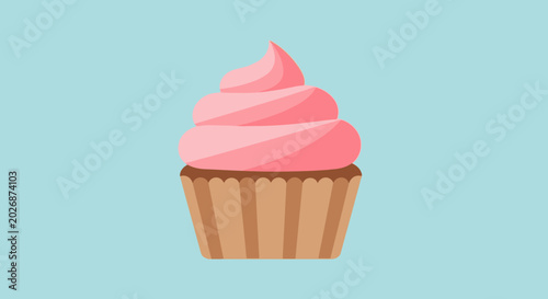 A simple illustration of a sweet cupcake with pink frosting on a blue background