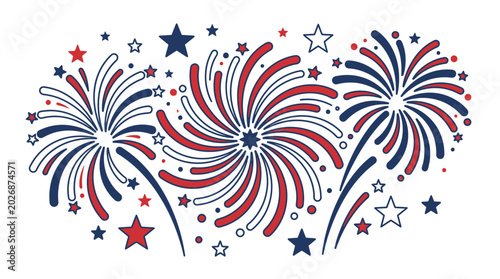 Wide festive display of patriotic fireworks and stars.
