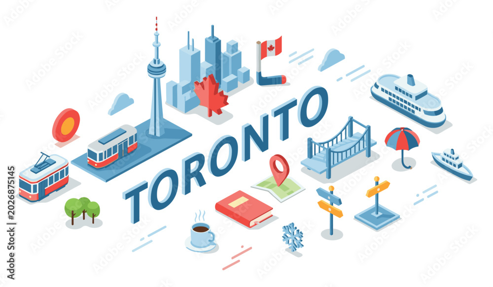 Naklejka premium Toronto landmarks and icons: maple leaf, cn tower, ferry, streetcar, bridge, and more in isometric style