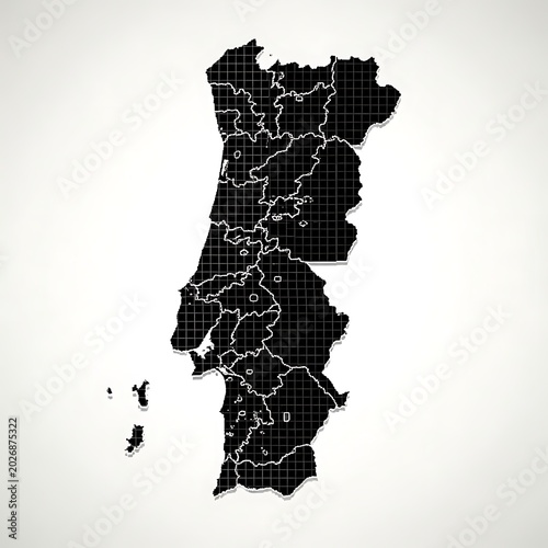 A black map of Portugal with white outlines and grid pattern