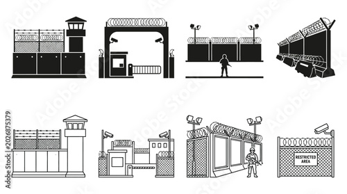 Schilderij op canvas prison security elements set black and white line art