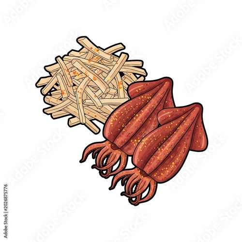 Two grilled squid with a pile of seasoned fries