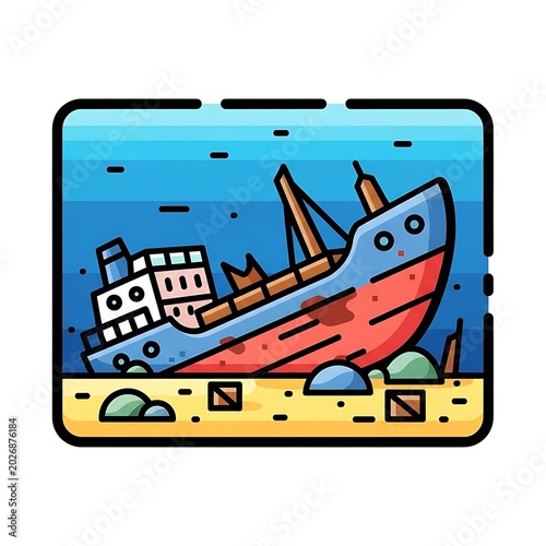 A cartoon shipwreck rests on a sandy seabed under blue water