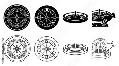 Foto roulette wheel illustrations black and white line art set