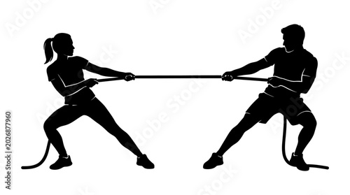 Fotografie tug of war silhouette with man and woman on white background