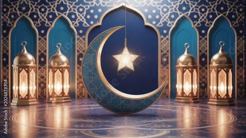Beautifully Lit Islamic Crescent Moon Decoration Surrounded by Traditional Lanterns in Intricate Blue Patterned Background