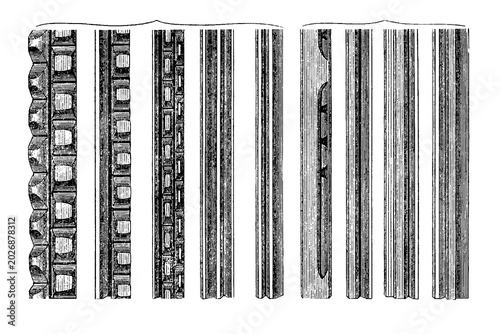 Foto Shaped hoof rod contour gauge, linear and geometric pattern transfer for farrier work, black and white illustration, old vintage illustration, 1890