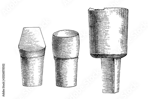 Fotografía Sharp and blunt drift calks with lower part of a milling tool, three vintage traction devices, black and white engraving, old vintage illustration, 1889