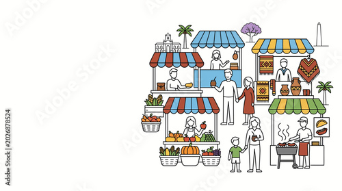 Cuadro en lienzo Vibrant illustration of a bustling outdoor street market with vendors and shoppers