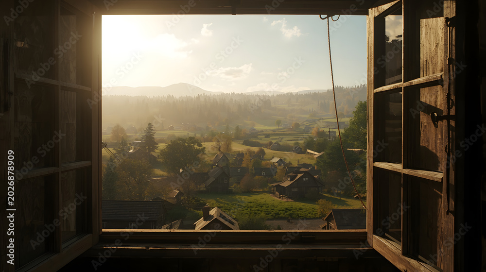 Fototapeta premium A picturesque view of a rustic village nestled in a green valley, seen through an open wooden window at sunrise.