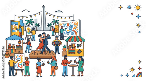 Cuadro en lienzo Vibrant Cultural Street Fair Illustration with People Dancing and Art Stalls