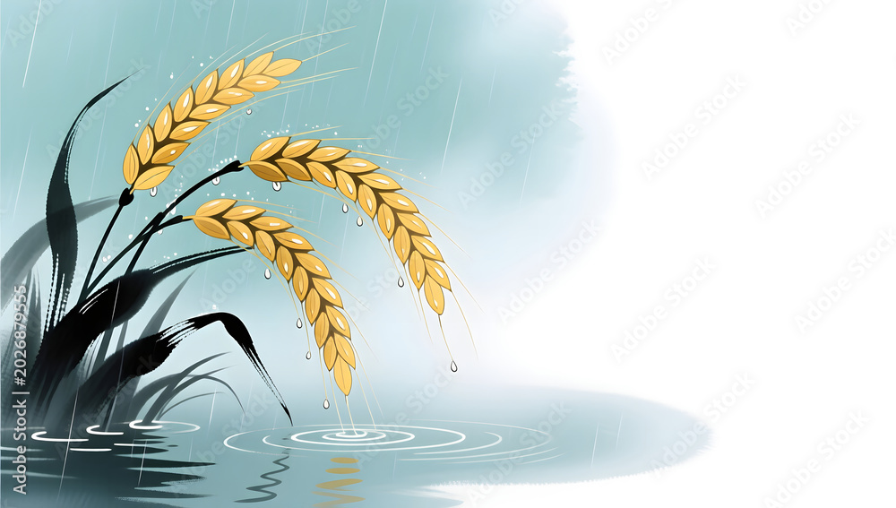 Fototapeta premium Xiaoman solar term wheat field ink painting illustration