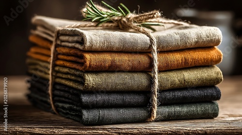 Stack of folded earth-toned linen napkins tied with rustic jute twine and a fresh rosemary sprig resting on a weathered wooden table in a moody dining setting