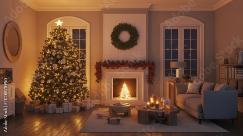 Cozy Christmas living room decorated with lit tree fireplace and holiday gifts under warm lighting