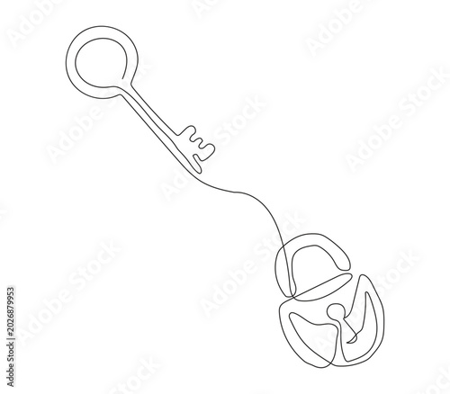 Continuous line art drawing of a key and padlock vector illustration for security concepts