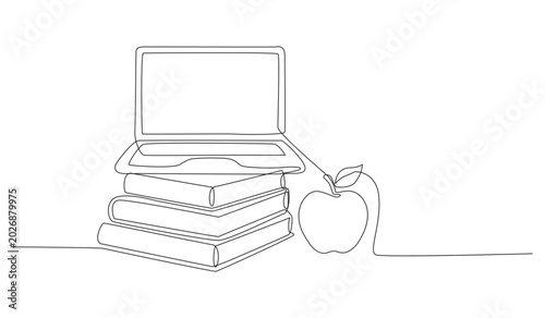 One line art drawing of a laptop with stack of books and apple vector