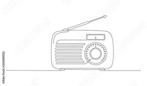 Minimalist continuous line art drawing of a vintage retro radio vector illustration for music