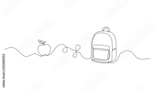 Single line art drawing of a school backpack and apple vector for education concepts